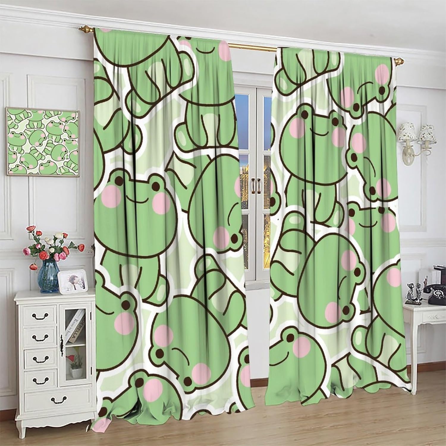 Cute Green Frog Pattern Curtai - огляд і ціна Baby Nursery Green